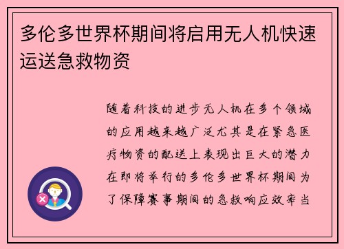 多伦多世界杯期间将启用无人机快速运送急救物资