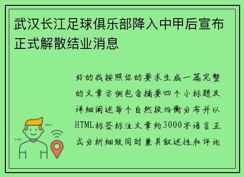 武汉长江足球俱乐部降入中甲后宣布正式解散结业消息