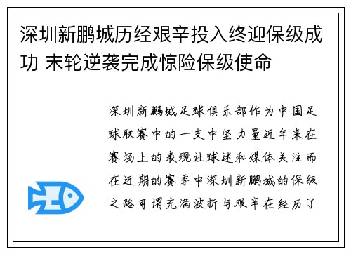 深圳新鹏城历经艰辛投入终迎保级成功 末轮逆袭完成惊险保级使命