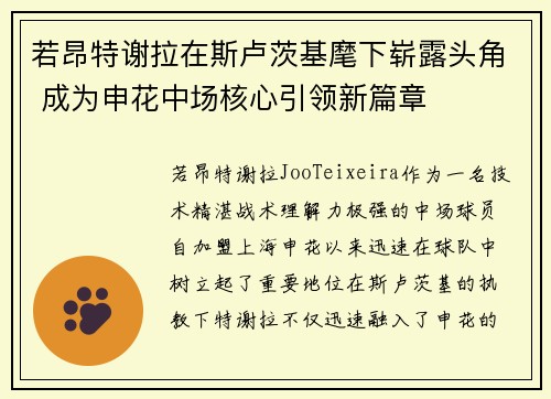 若昂特谢拉在斯卢茨基麾下崭露头角 成为申花中场核心引领新篇章